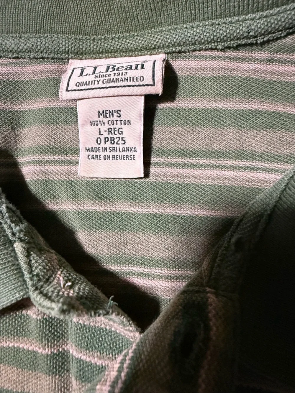 L.L. Bean striped polo shirt short-sleeved green, white, tan‎ 100% cotton, large